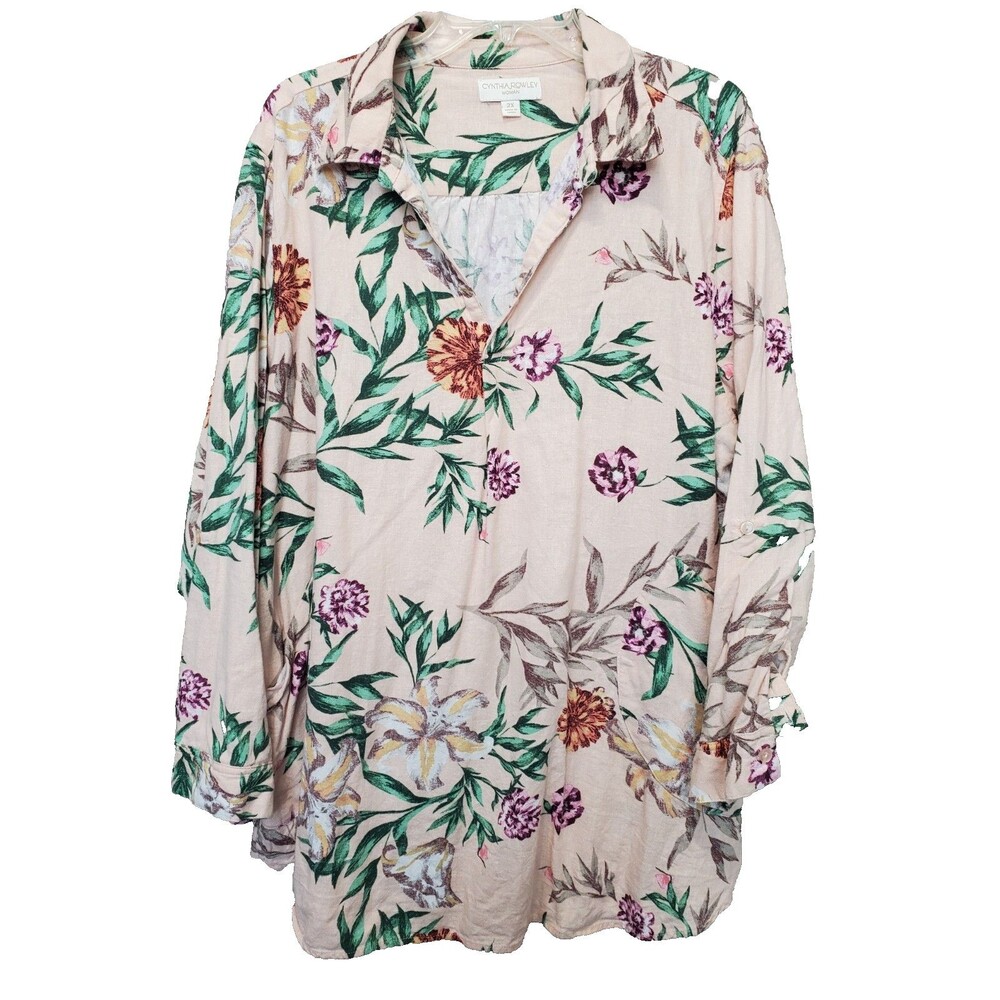 Cynthia Rowley Woman Linen Blend Pink Botanical Print Tunic with Pockets Size 2X